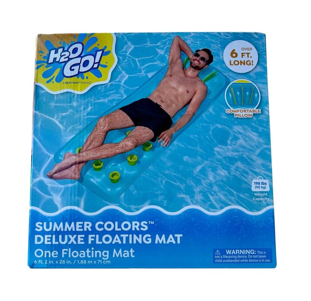 H2OGO Summer Colors Deluxe Floating Mat 6ft Pool Beach Inflatable Lounger Blue